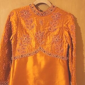 Maxi dress hand-made Embroidered orange long dress size xs
